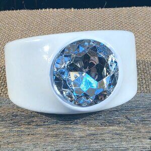 White PU Slick Vinyl Rhinestone Chunky Mod Retro Wide Statement Bangle Bracelet